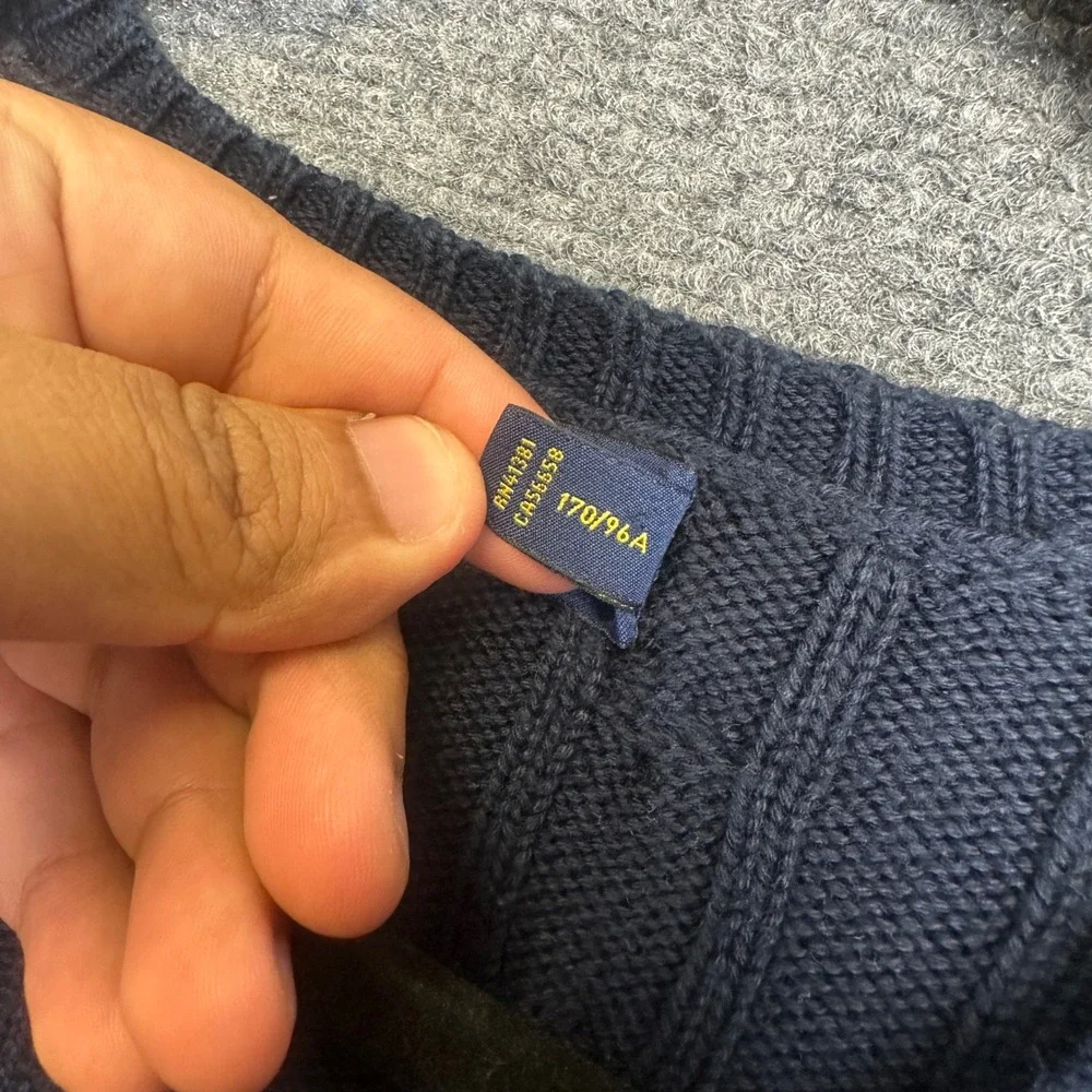 Polo Ralph Lauren Cable Knit V-Neck Sweater Mens Large Navy Blue Pony Logo